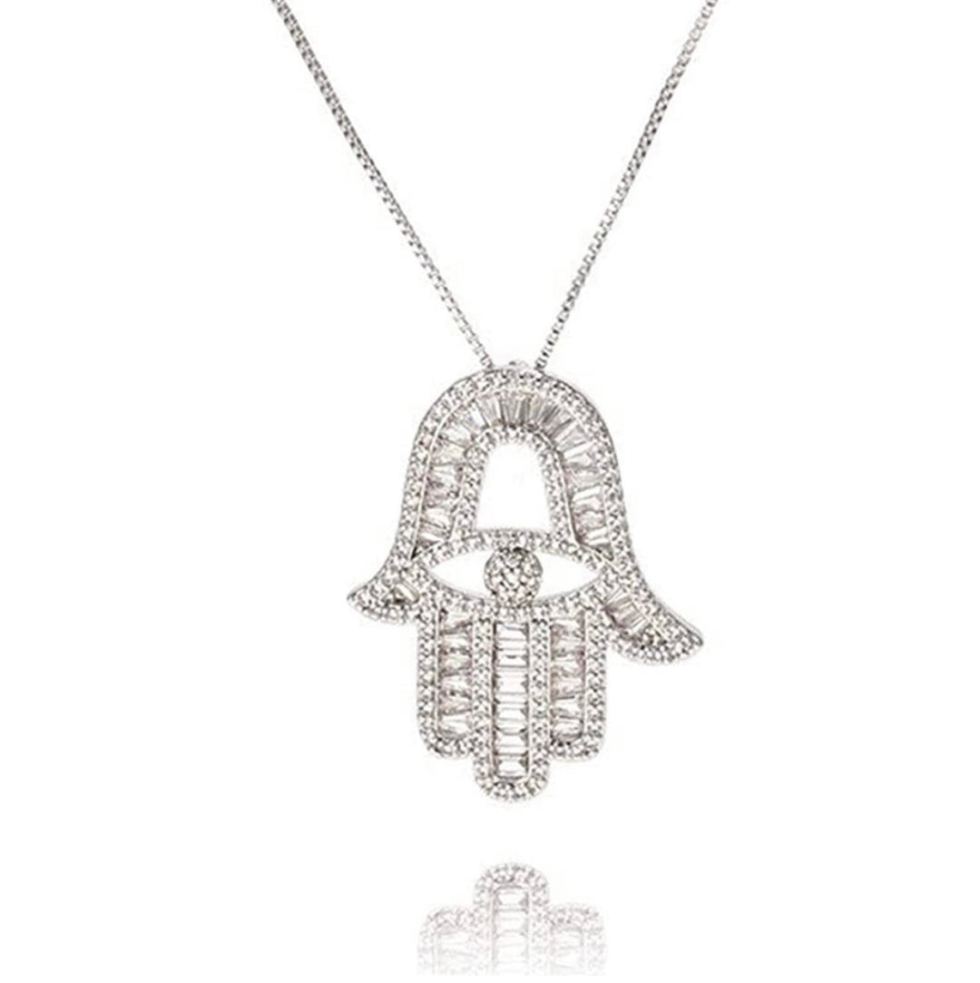 Silver Hamsa Pendant Necklace with Cubic Zirconia - Symbol of Good Fortune and Protection
