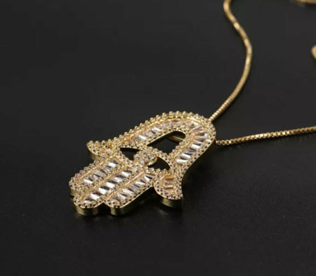 Gold Hamsa Pendant Necklace with Cubic Zirconia - Symbol of Good Fortune and Protection
