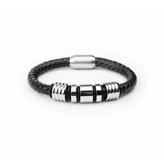 This elegant and stylish bracelet is a must in your jewelry collection. Make it as your daily wear or just on occasion. The leather and polished stainless steel makes it unique.   -Leather -Stainless Steel -Water resistant