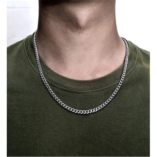 men wearing silver stainless steel miami link chain 